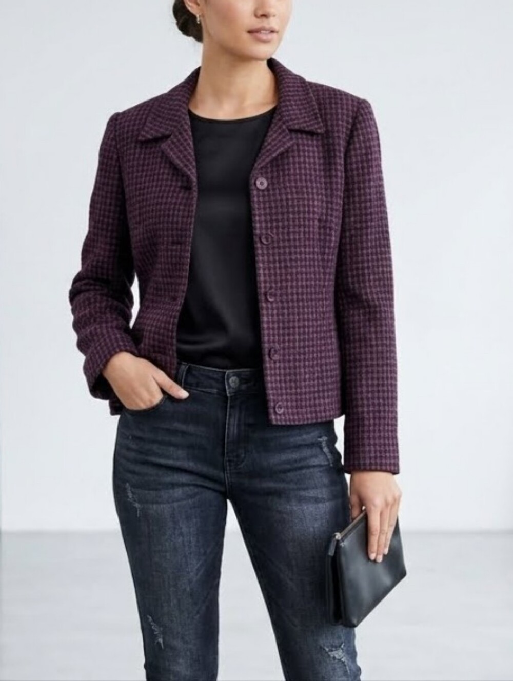 Vintage 90s Norton McNaughton Fushia Black Plaid Tweed Button Blazer Y2K